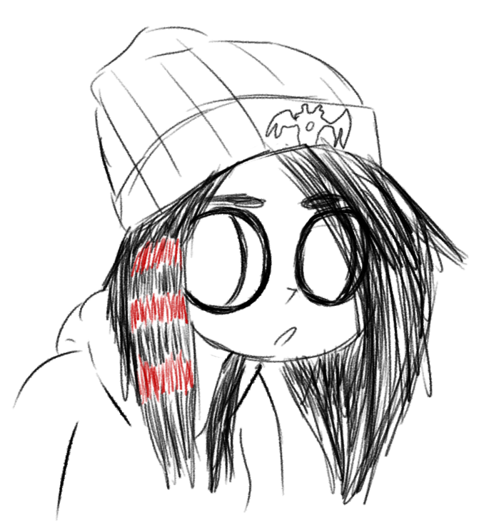 some girlguy thing with a beanie, black hair with red stripes, eye makeup, and a hoodie